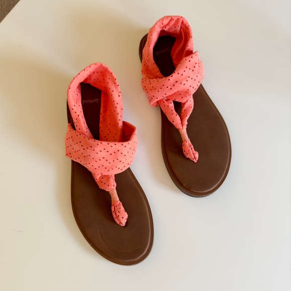 SANUK Stretchy Coral Peach Orange Leather Sling Yoga Sandals Comfy Summer Shoes - Picture 10 of 15